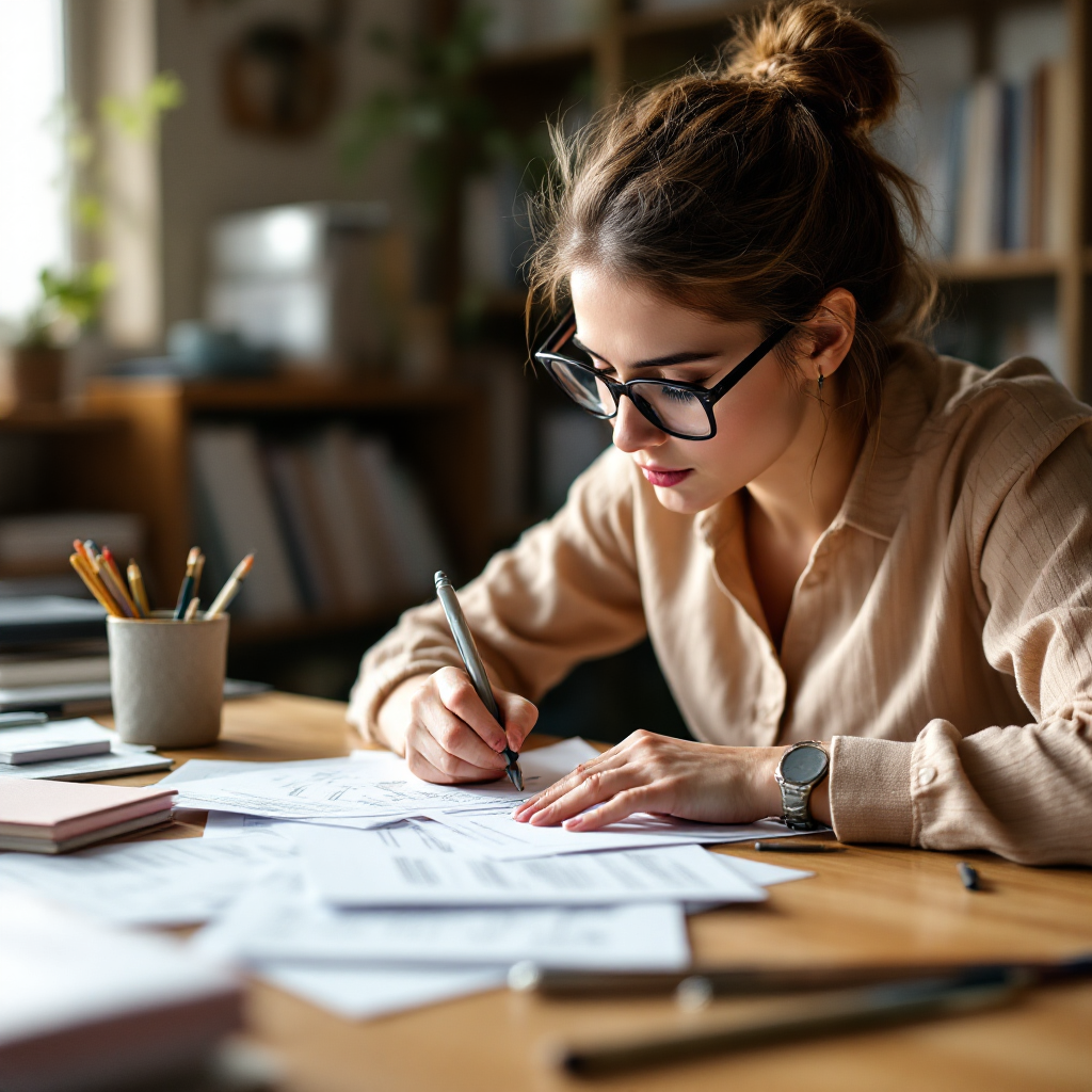 Teacher grading papers with stylish glasses